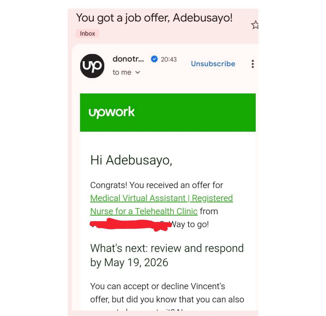 Upwork job offer for a medical virtual assistant telehealth role