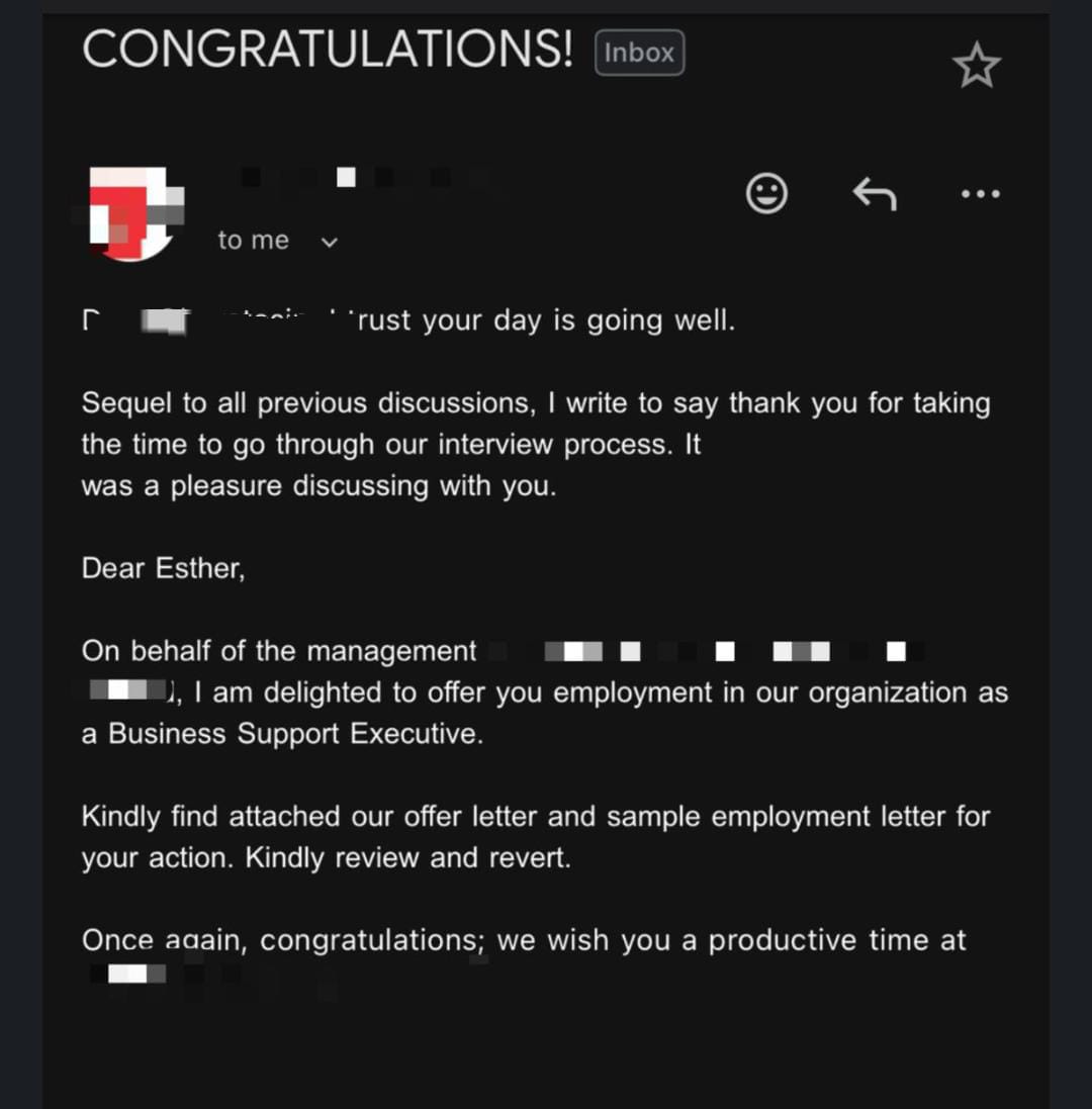 Congratulations email offering employment as a business support executive