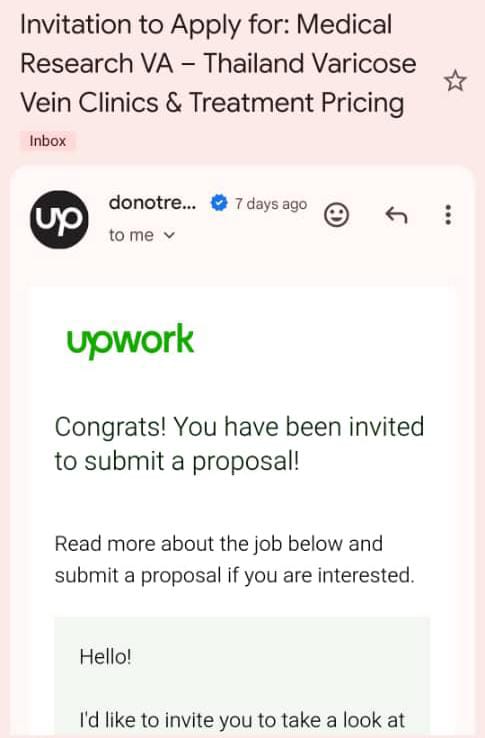 Upwork invitation to apply for a medical research virtual assistant role