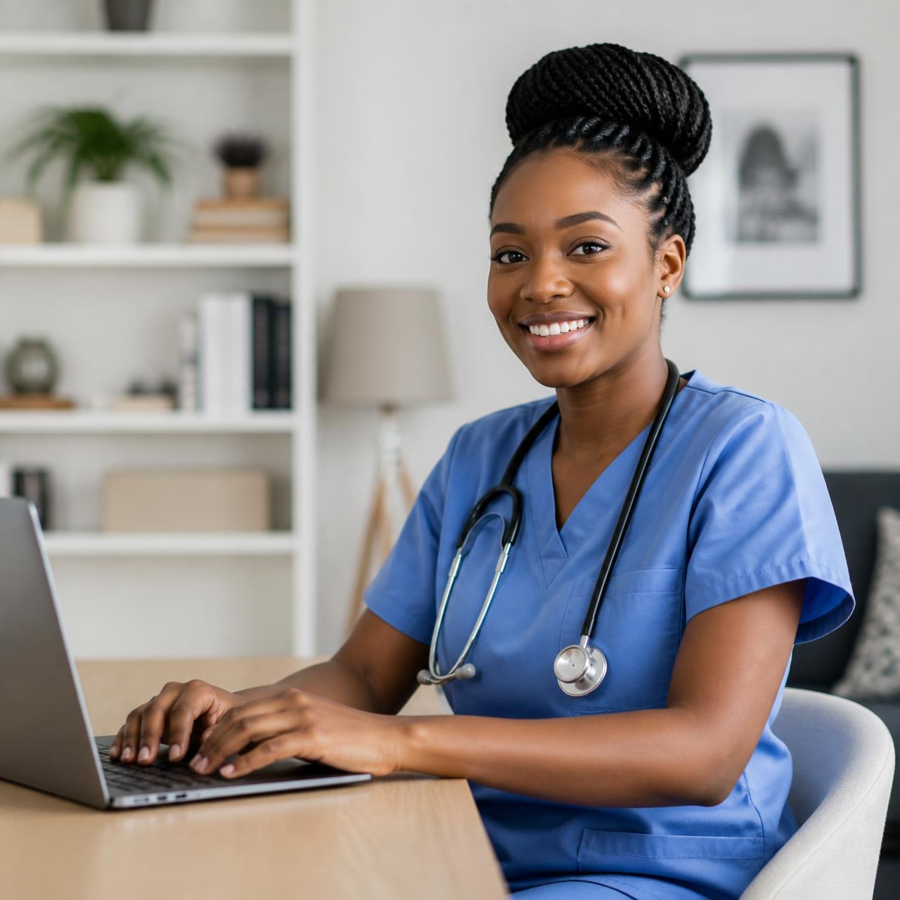 Nigerian nurse working remotely on a laptop at home